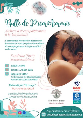 Visuel de l'atelier d'accompagnement à la parentalité. 11 juillet à l'Udaf de 14h à 16h. Inscription : nosbébés@gmail.com